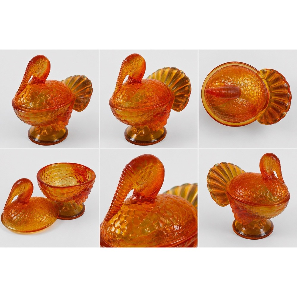 Vintage L.E. Smith Amber Glass Turkey Covered Dish 207 Glossy Orange Decor